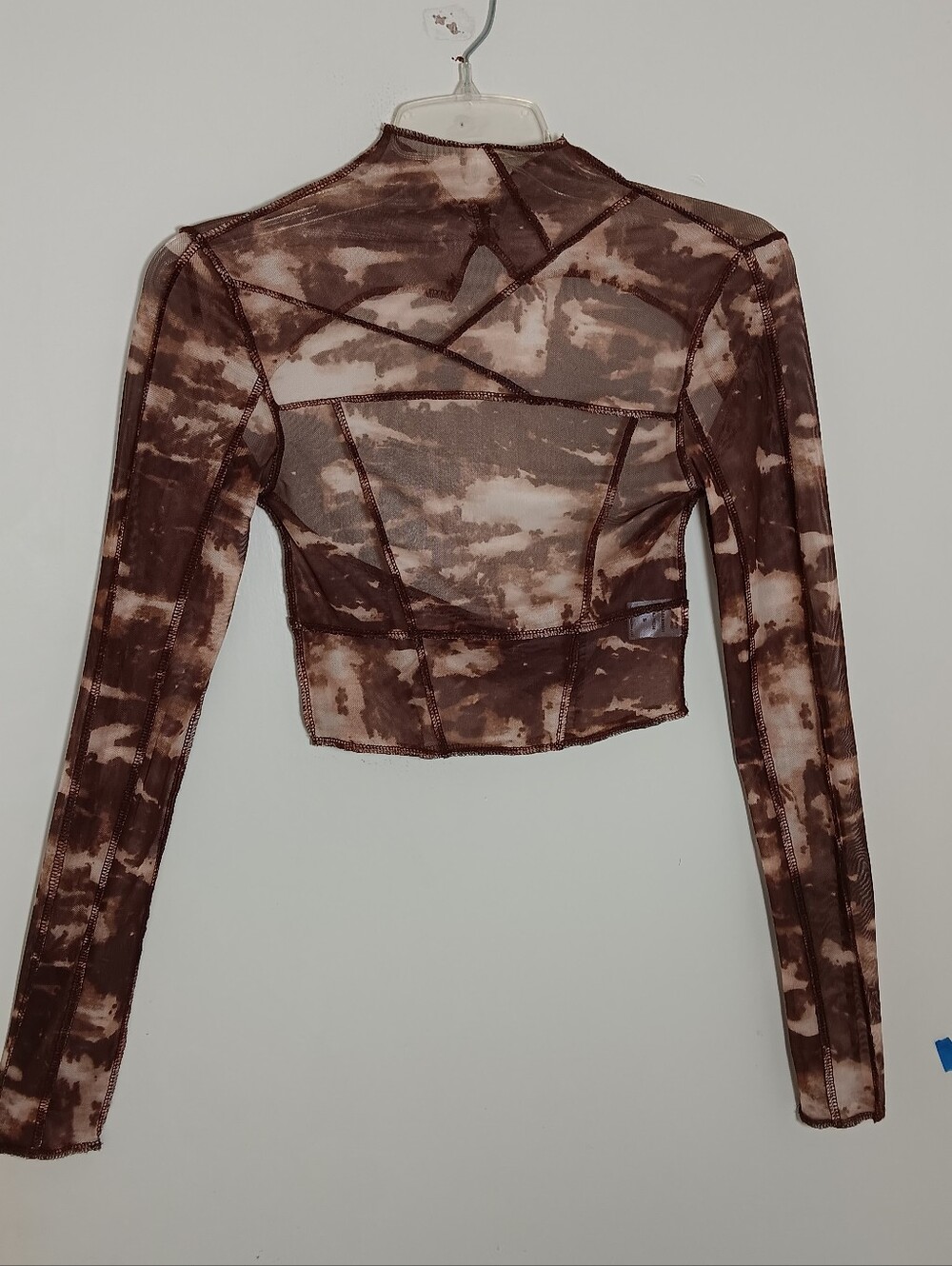 Sheer Brown Tie-Dye Long Sleeve Crop Top